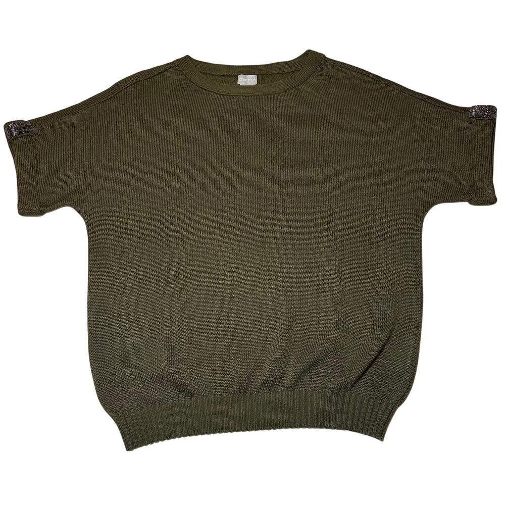 Chico's Women’s Size 1 US Medium Knit Top Sweater Linen Blend Green Short Sleeve